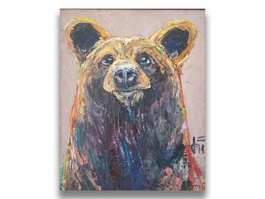 A painting of a bear's face created in highly textured layers of paint accented with a full spectrum of arbitrary color. Printed on canvas.