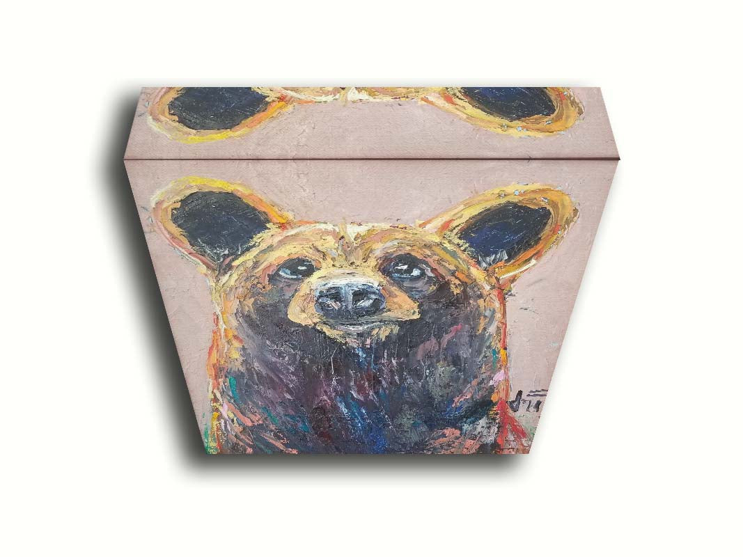 A painting of a bear's face created in highly textured layers of paint accented with a full spectrum of arbitrary color. Printed on canvas.