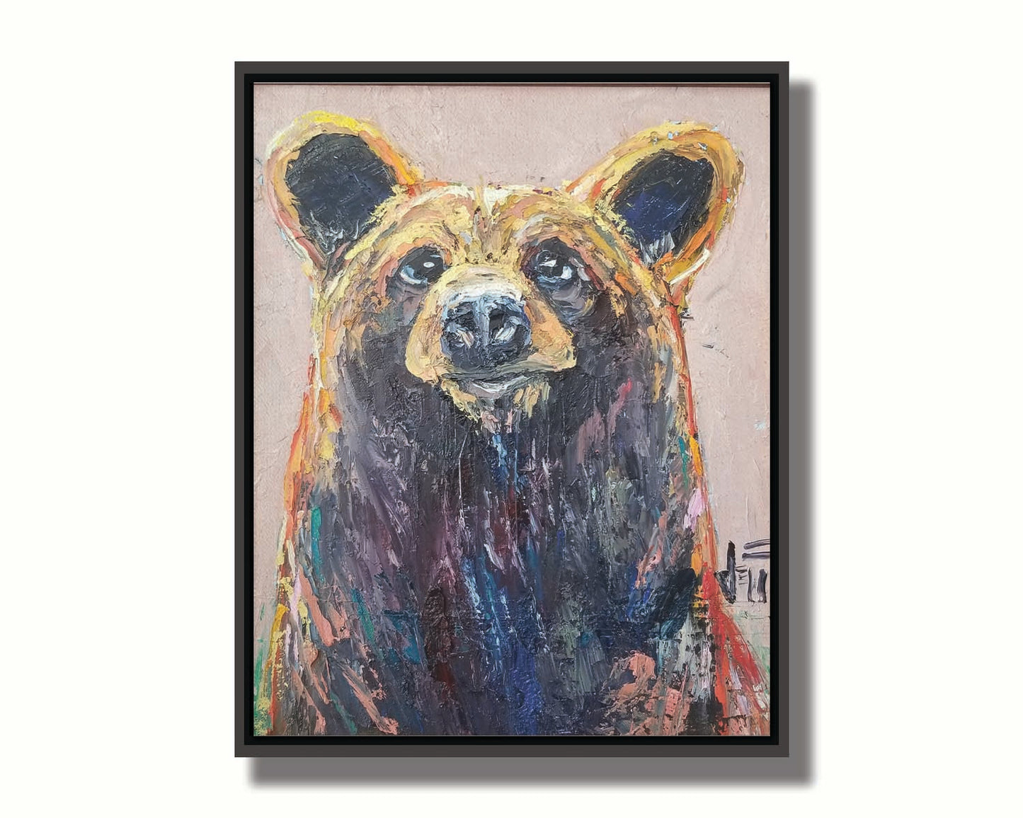 A painting of a bear's face created in highly textured layers of paint accented with a full spectrum of arbitrary color. Printed on canvas in a float frame.