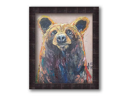 A painting of a bear's face created in highly textured layers of paint accented with a full spectrum of arbitrary color. Printed on canvas and framed.