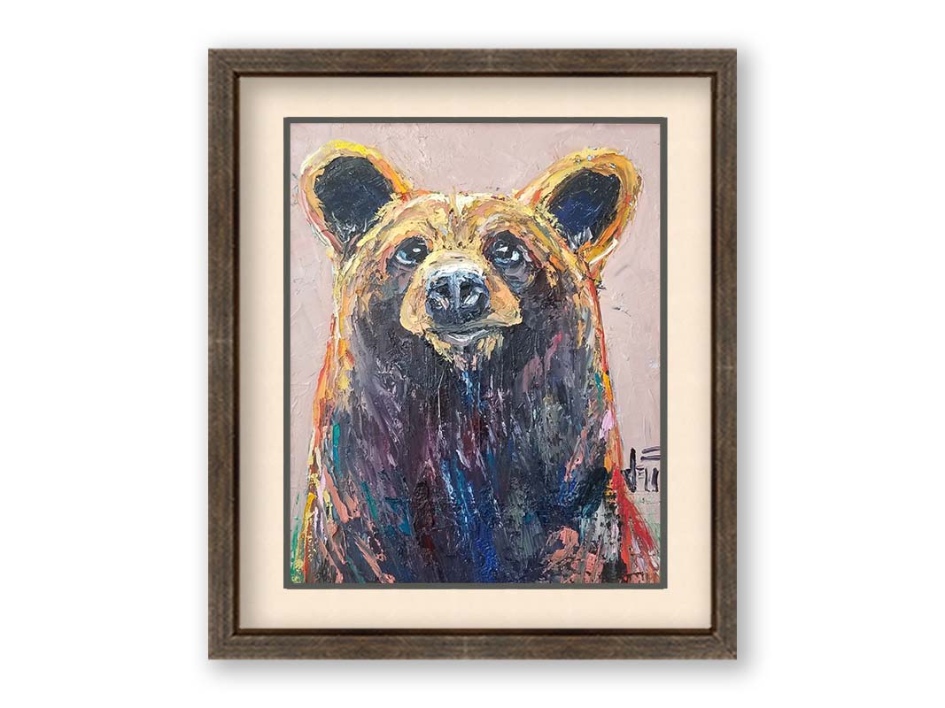 A painting of a bear's face created in highly textured layers of paint accented with a full spectrum of arbitrary color. Printed on paper, matted, and framed.