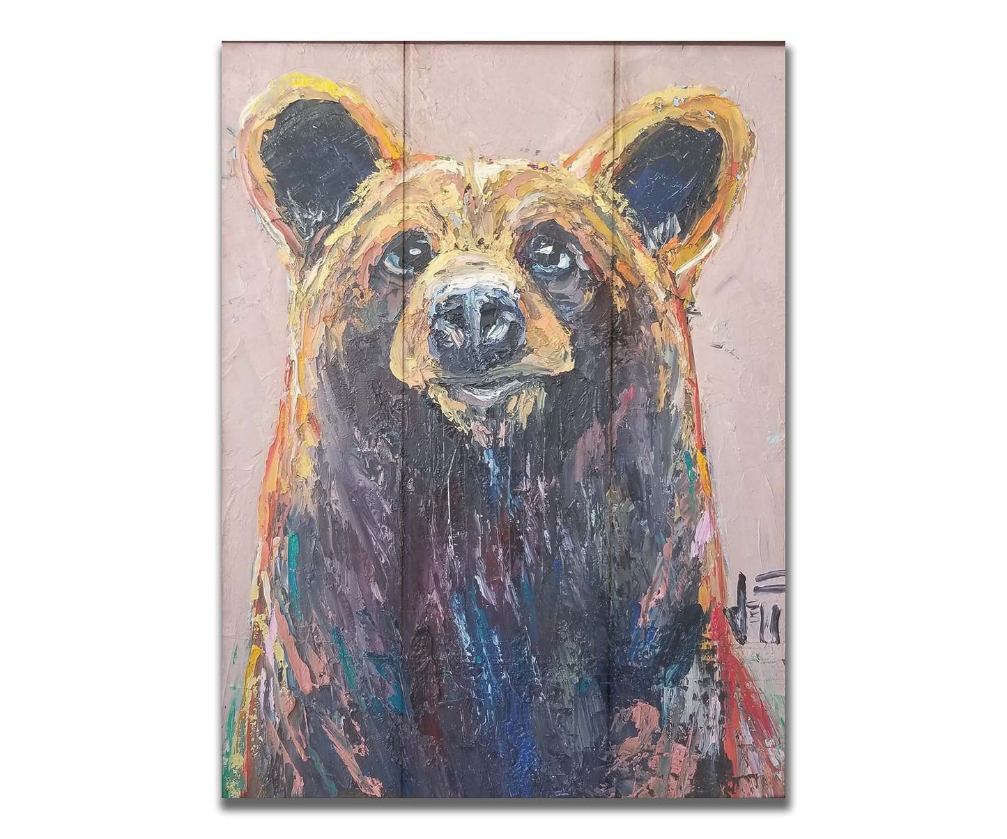 A painting of a bear's face created in highly textured layers of paint accented with a full spectrum of arbitrary color. Printed on a box board.