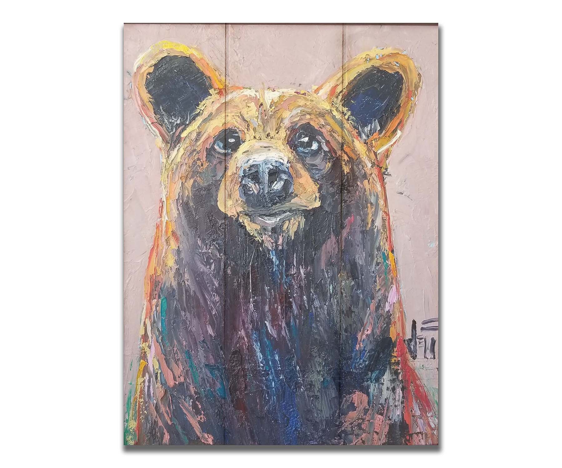 A painting of a bear's face created in highly textured layers of paint accented with a full spectrum of arbitrary color. Printed on a box board.