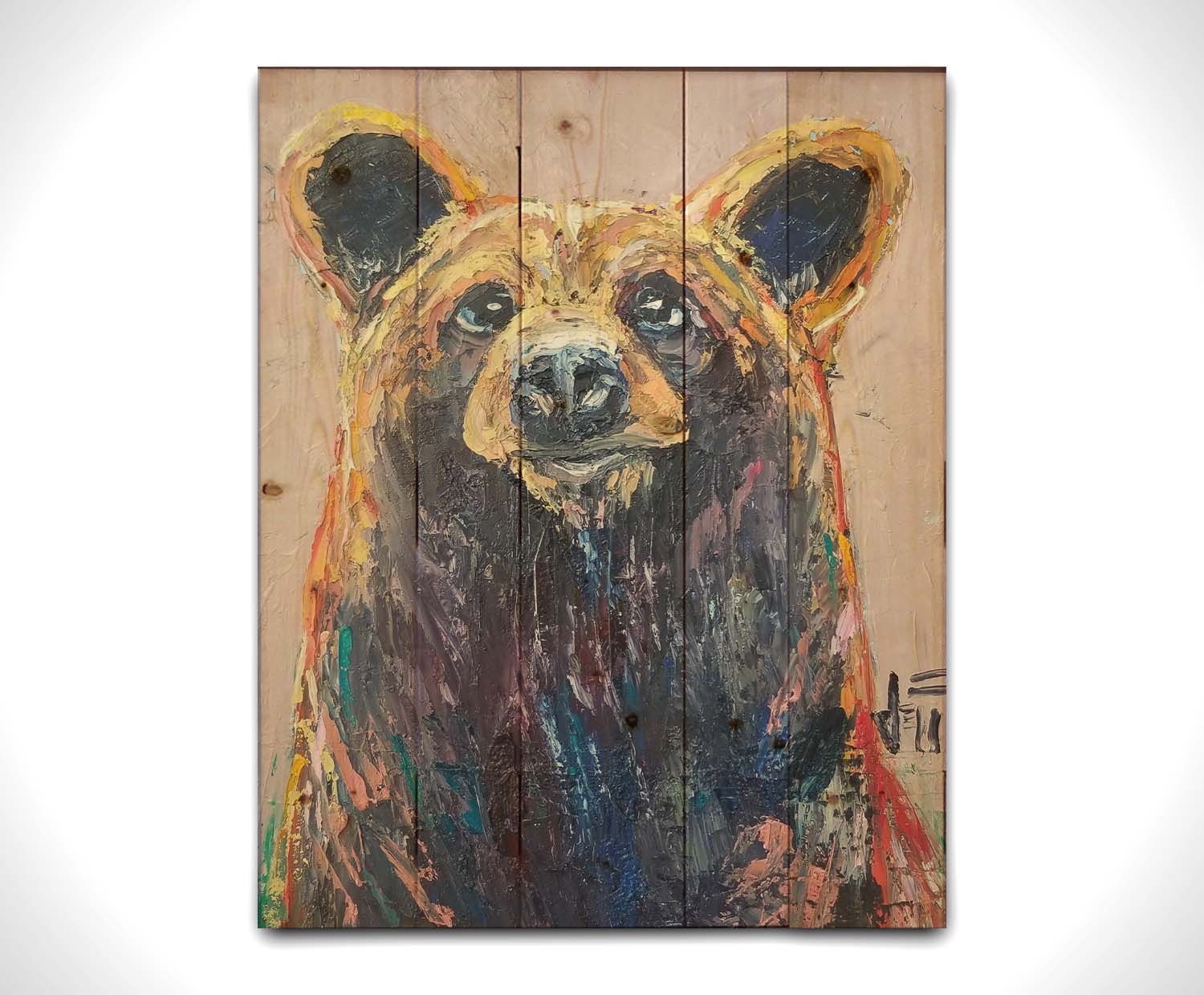 A painting of a bear's face created in highly textured layers of paint accented with a full spectrum of arbitrary color. Printed on a wood pallet.