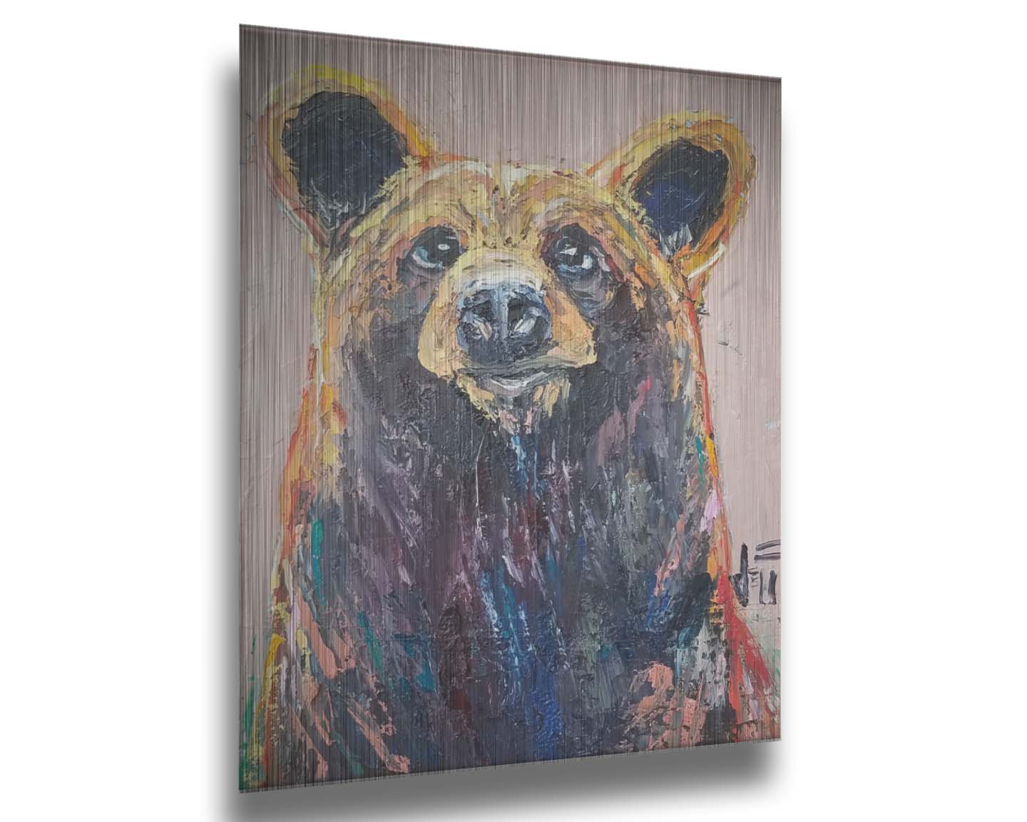 A painting of a bear's face created in highly textured layers of paint accented with a full spectrum of arbitrary color. Printed on metal.