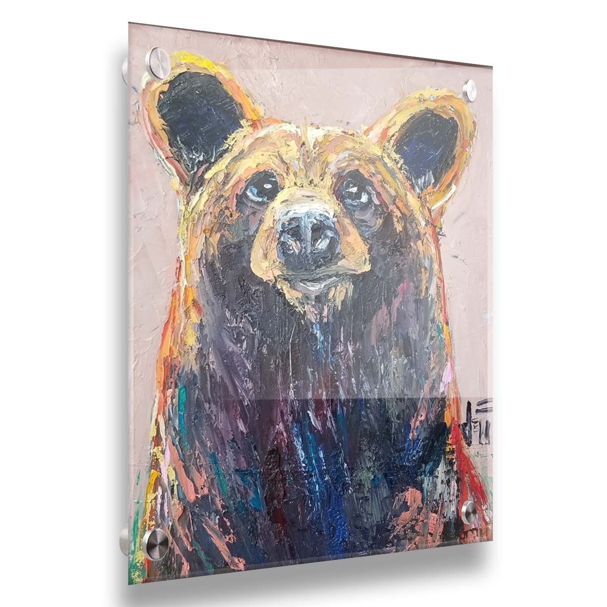 A painting of a bear's face created in highly textured layers of paint accented with a full spectrum of arbitrary color. Printed on acrylic.