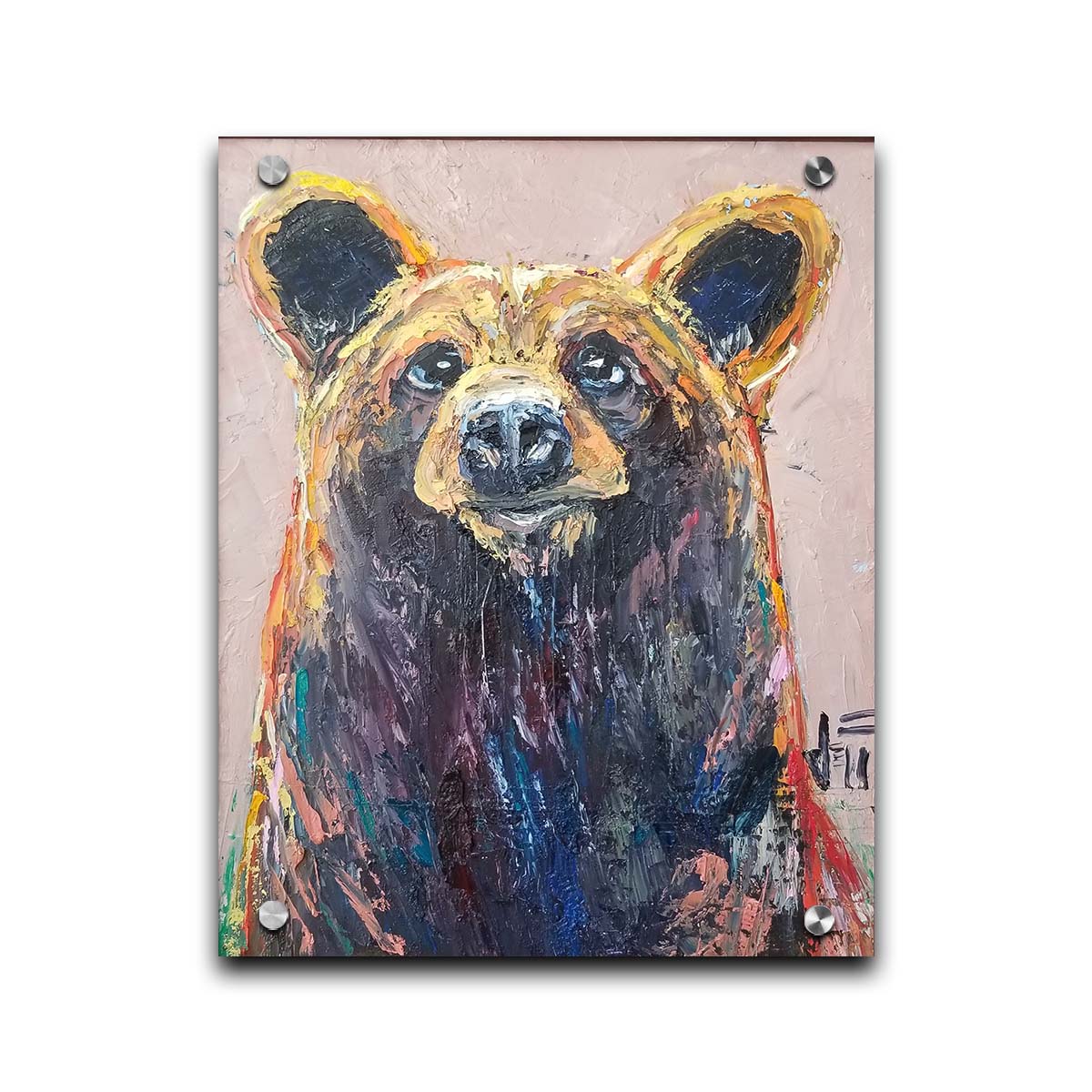 A painting of a bear's face created in highly textured layers of paint accented with a full spectrum of arbitrary color. Printed on acrylic.