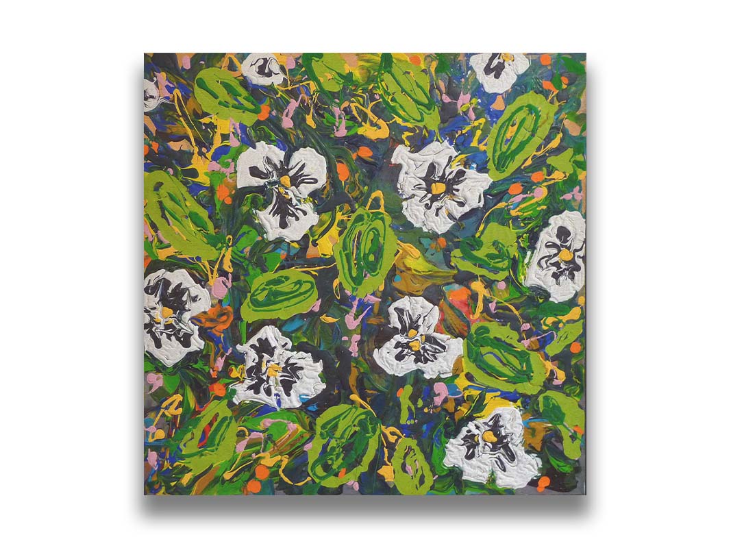 A painting of a top down drip painting view of white pansy flowers. Printed on canvas.