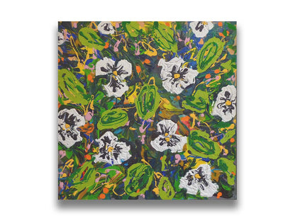 A painting of a top down drip painting view of white pansy flowers. Printed on canvas.