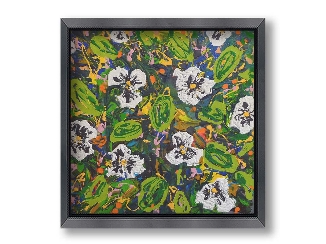 A painting of a top down drip painting view of white pansy flowers. Printed on paper, matted, and framed.