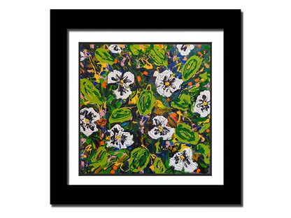 A painting of a top down drip painting view of white pansy flowers. Printed on a wood pallet.