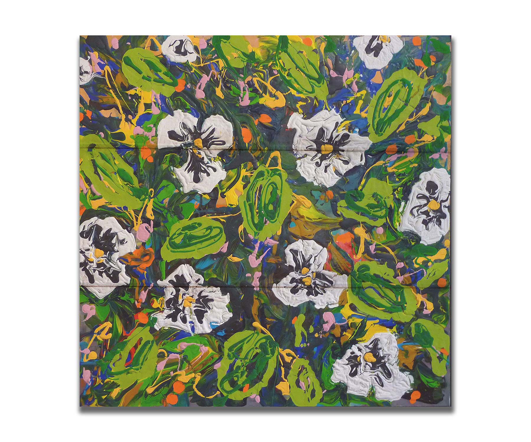 A painting of a top down drip painting view of white pansy flowers. Printed on acrylic.