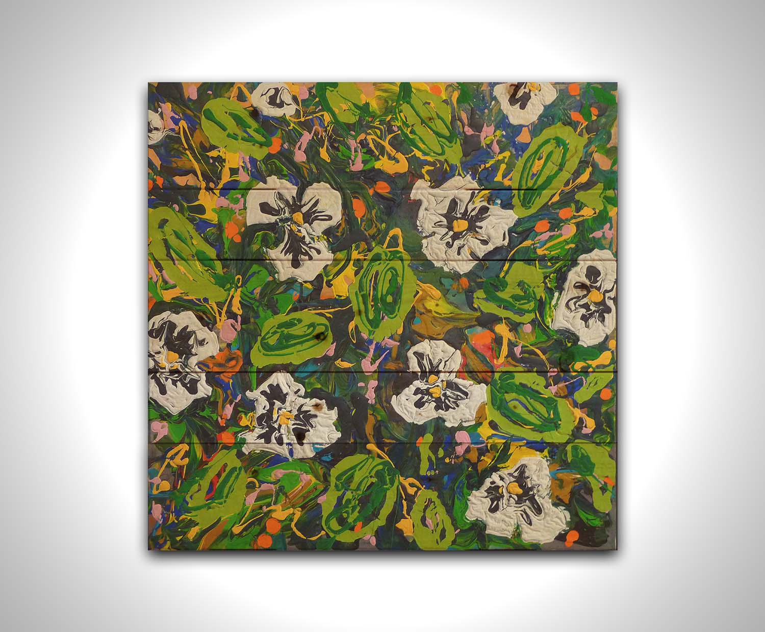 A painting of a top down drip painting view of white pansy flowers. Printed on a box board.