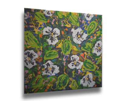 A painting of a top down drip painting view of white pansy flowers. Printed on metal.