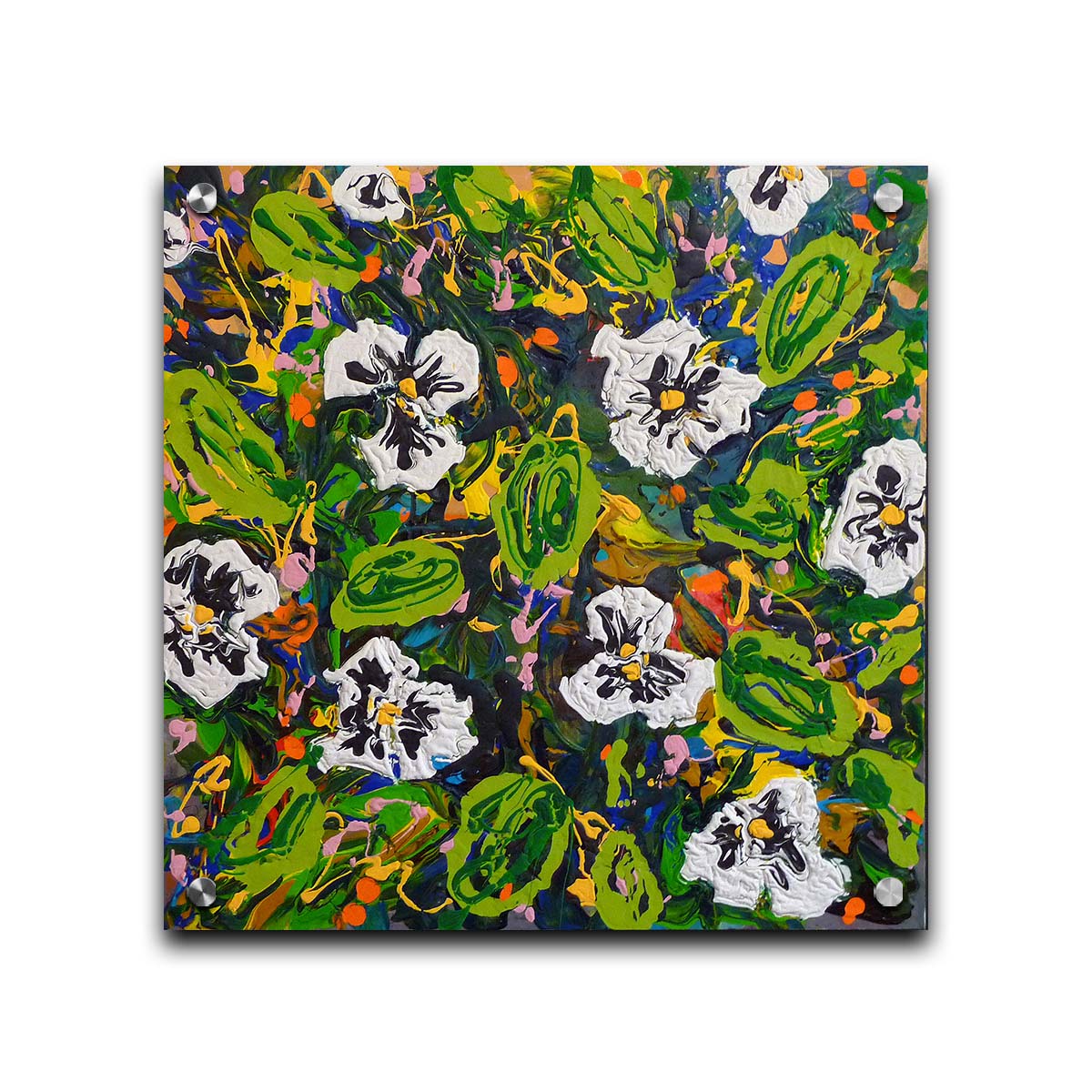 A painting of a top down drip painting view of white pansy flowers. Printed on acrylic.