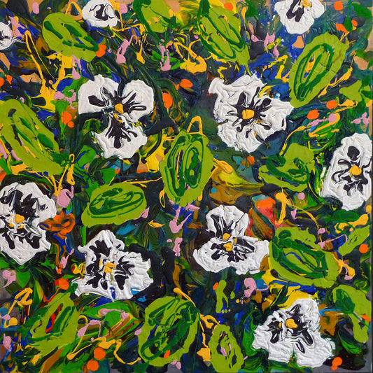 A drip painting of a top-down view of white pansy flowers.