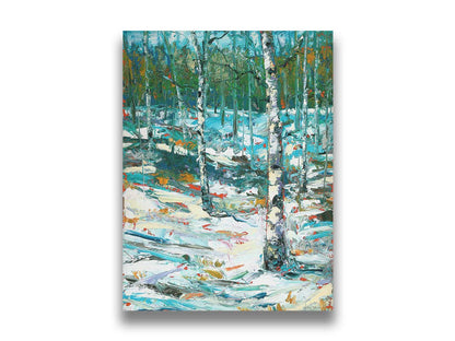 An expressive painting of a snowy birch forest. Printed on canvas.