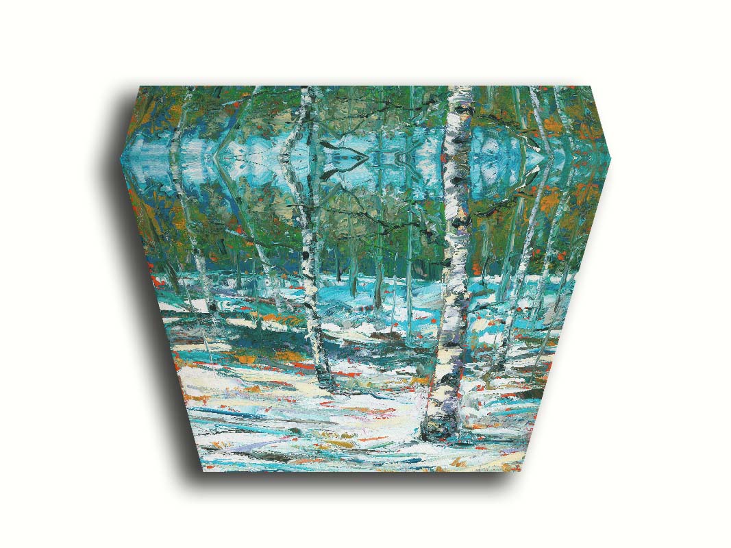 An expressive painting of a snowy birch forest. Printed on canvas.