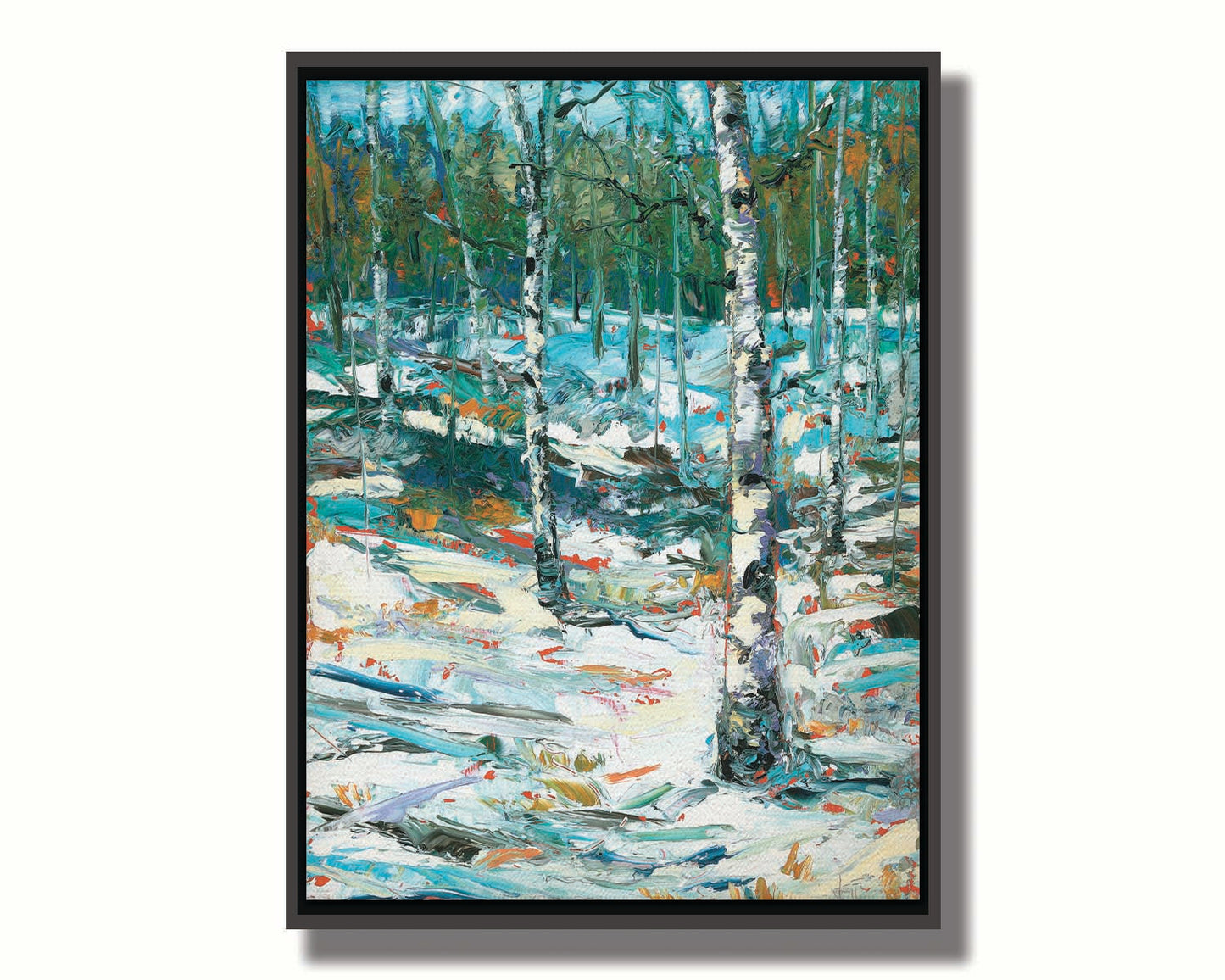 An expressive painting of a snowy birch forest. Printed on canvas in a float frame.