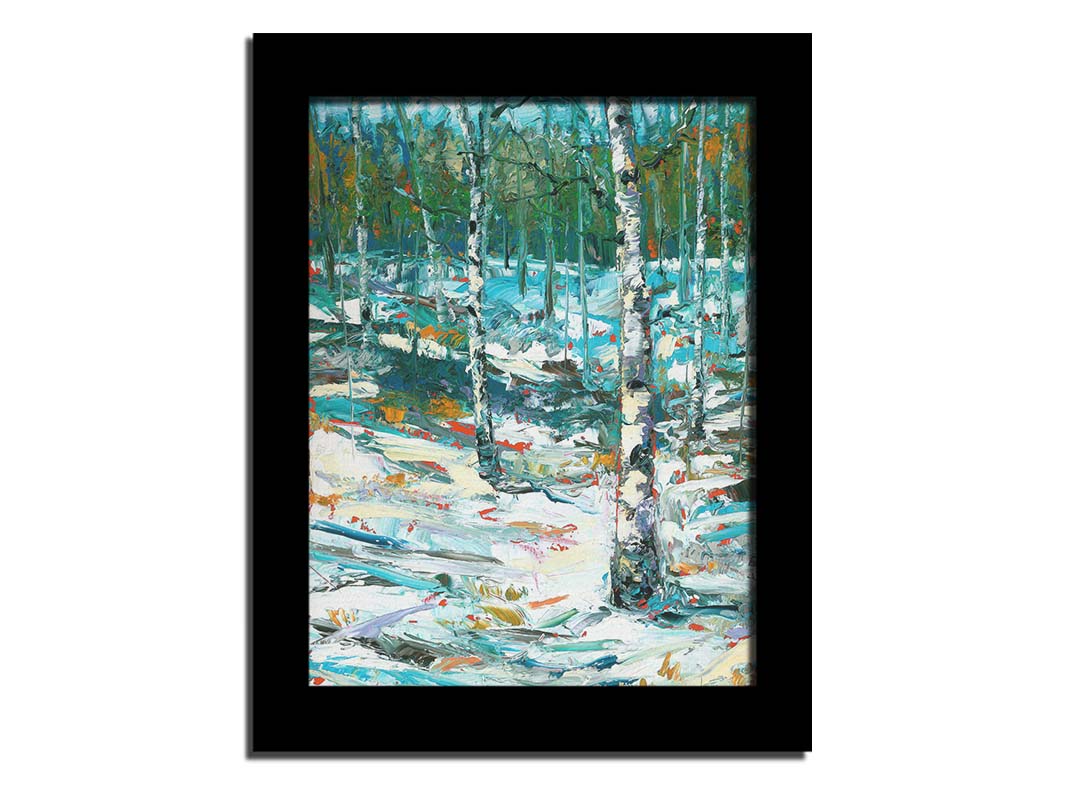 An expressive painting of a snowy birch forest. Printed on canvas and framed.