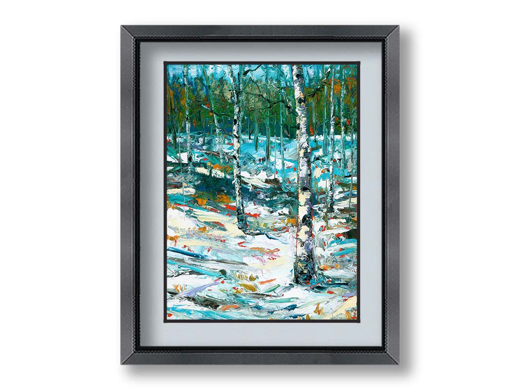 An expressive painting of a snowy birch forest. Printed on paper, matted, and framed.