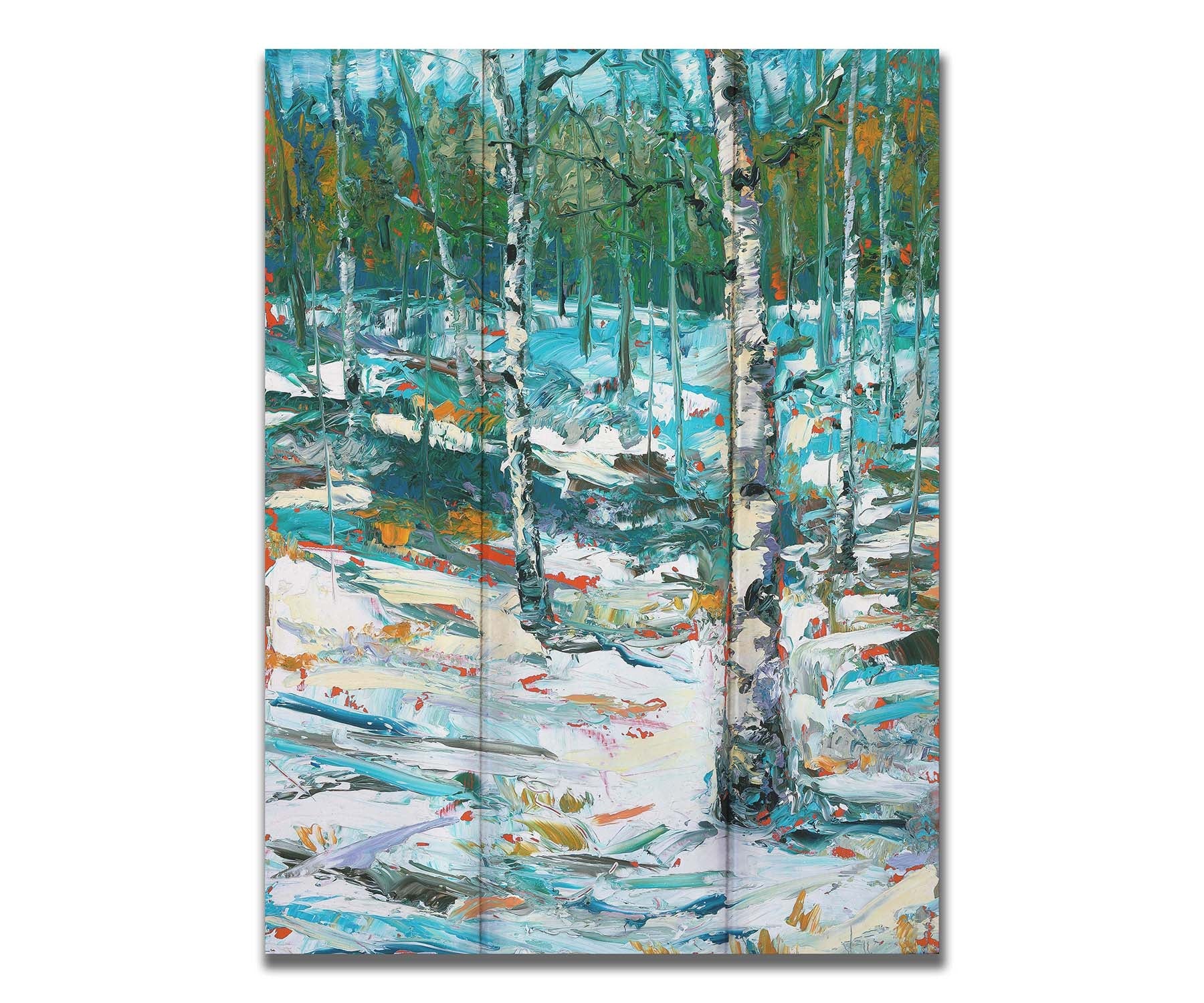 An expressive painting of a snowy birch forest. Printed on a box board.