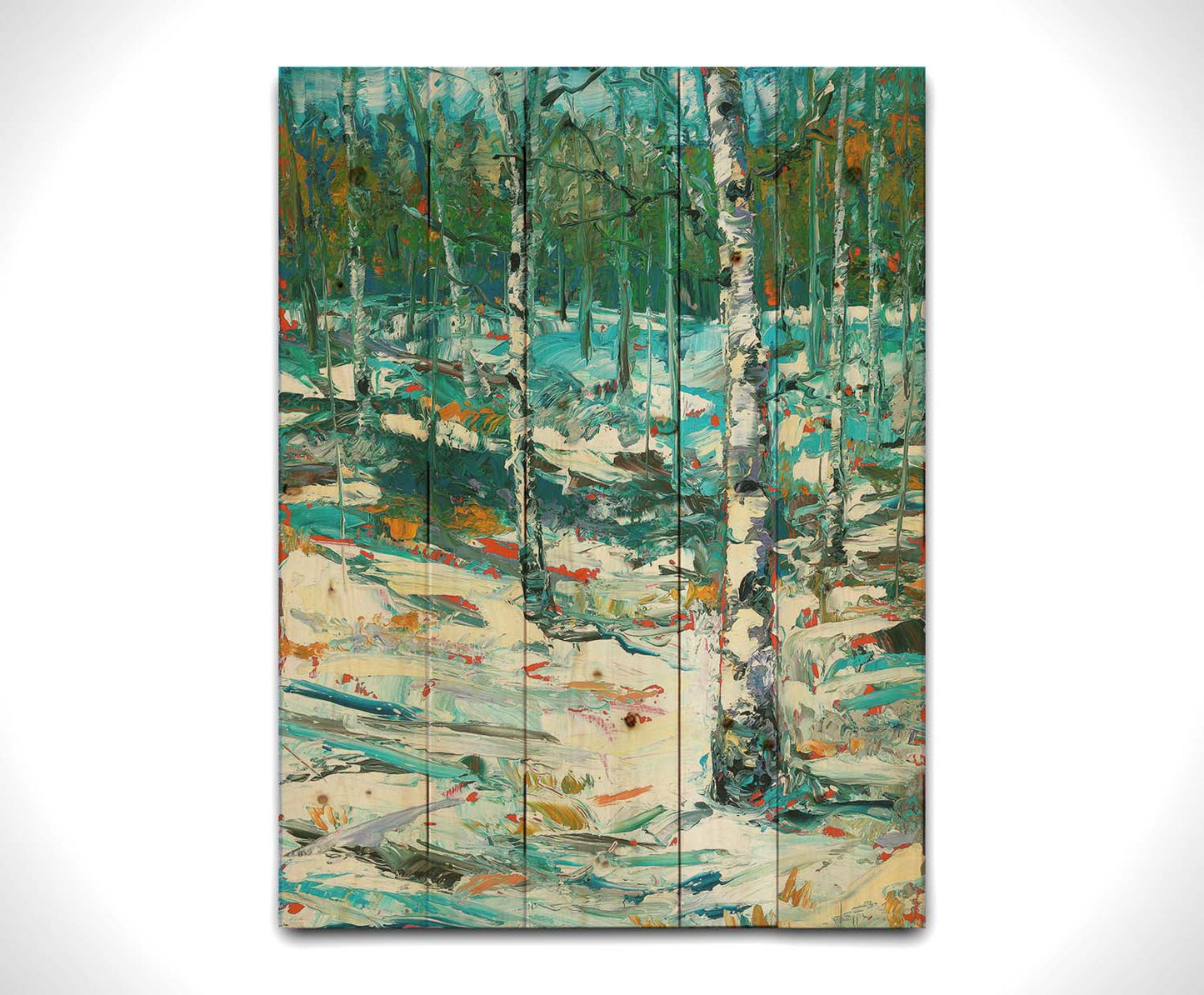 An expressive painting of a snowy birch forest. Printed on a wood pallet.