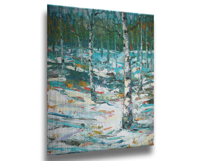 An expressive painting of a snowy birch forest. Printed on metal.