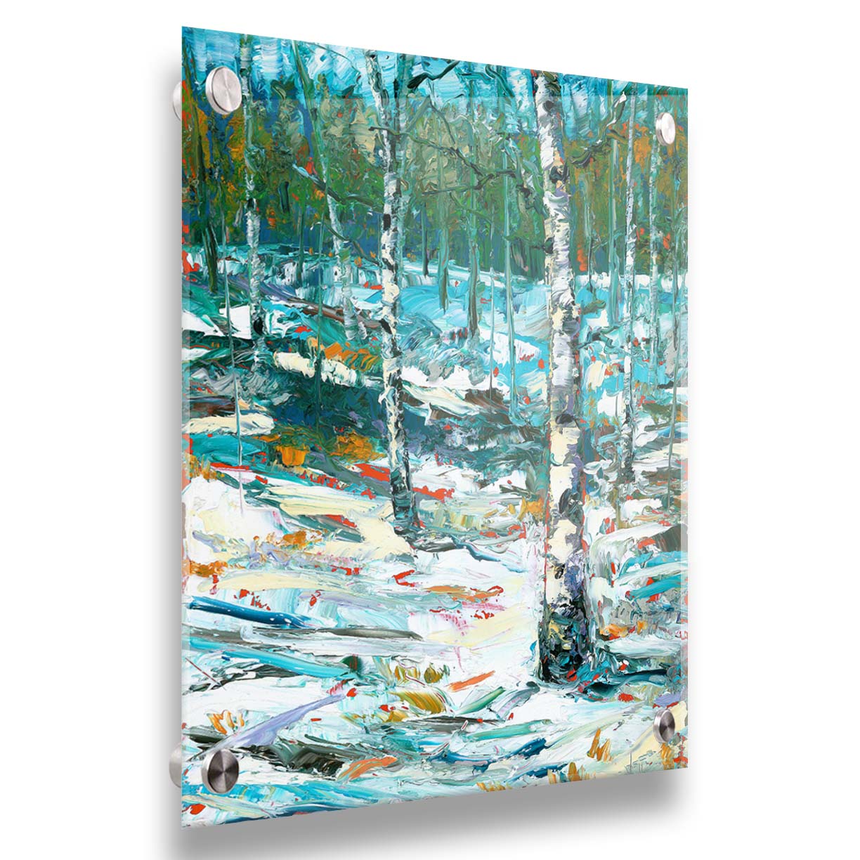 An expressive painting of a snowy birch forest. Printed on acrylic.