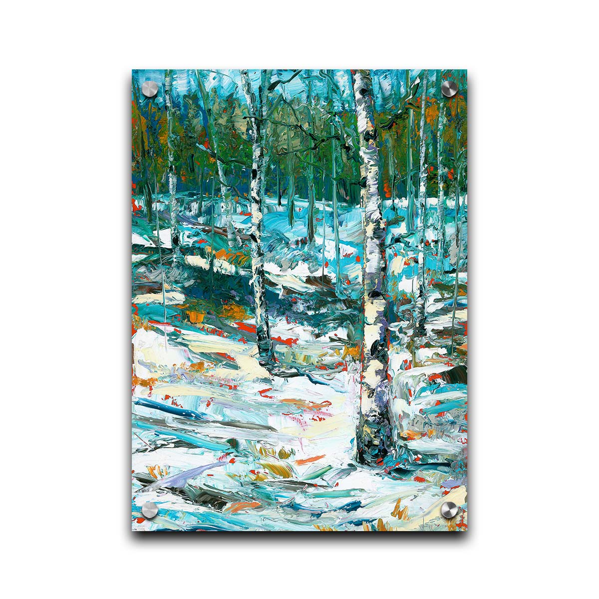 An expressive painting of a snowy birch forest. Printed on acrylic.