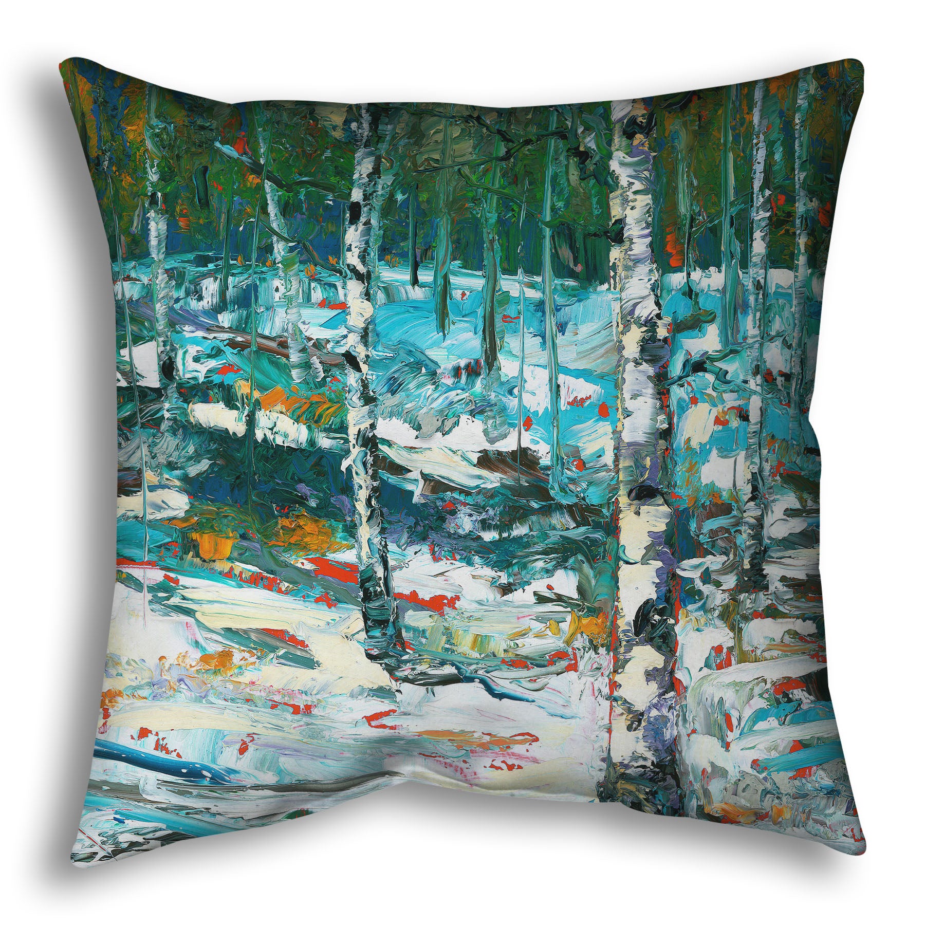A throw pillow designed with an expressive painting of a snowy birch forest.