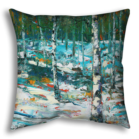 A throw pillow designed with an expressive painting of a snowy birch forest.