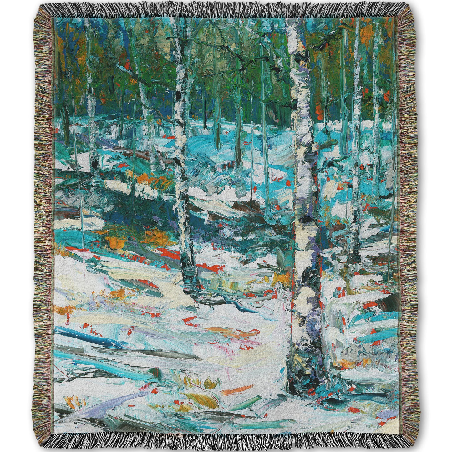 A woven throw blanket designed with an expressive painting of a snowy birch forest.