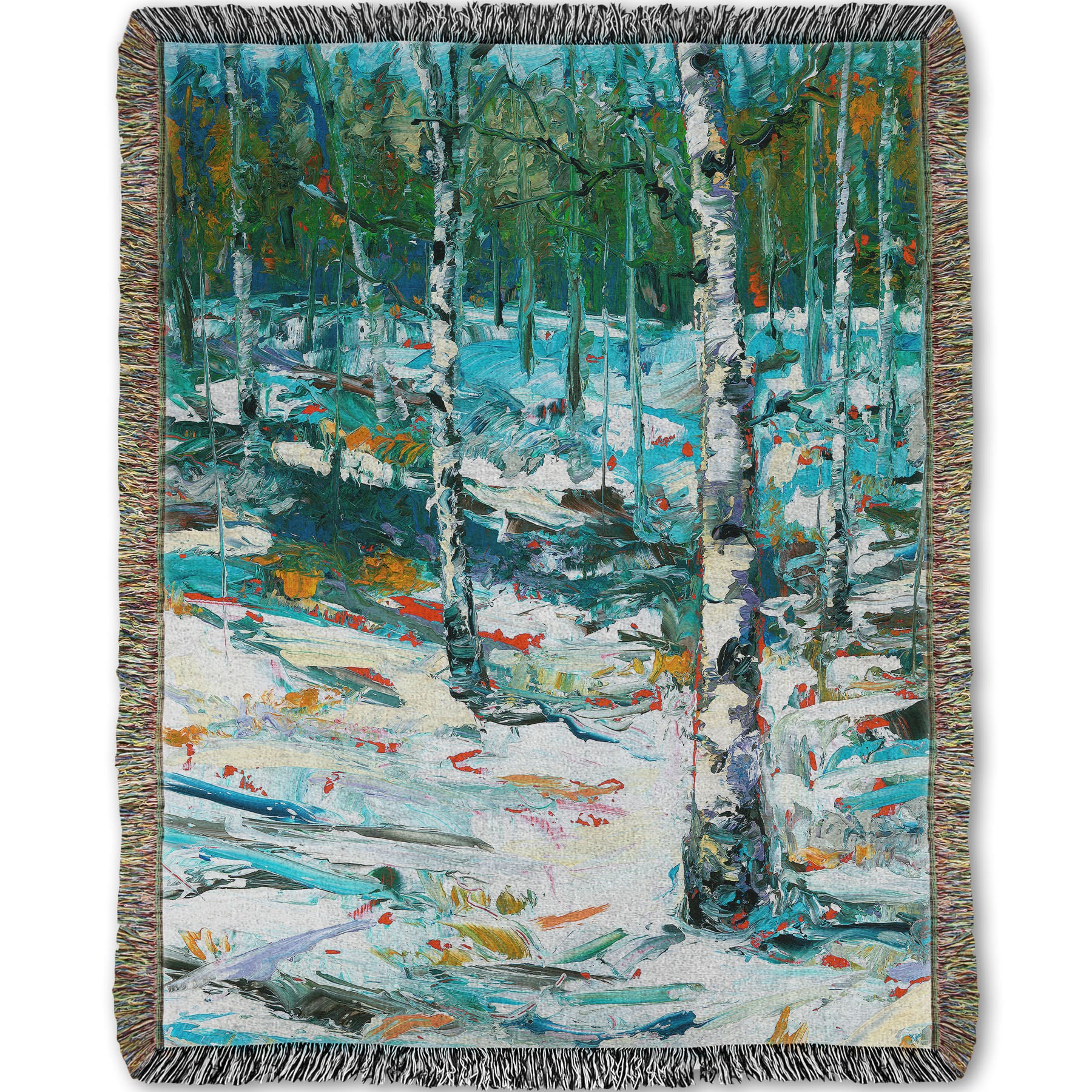 A woven throw blanket designed with an expressive painting of a snowy birch forest.