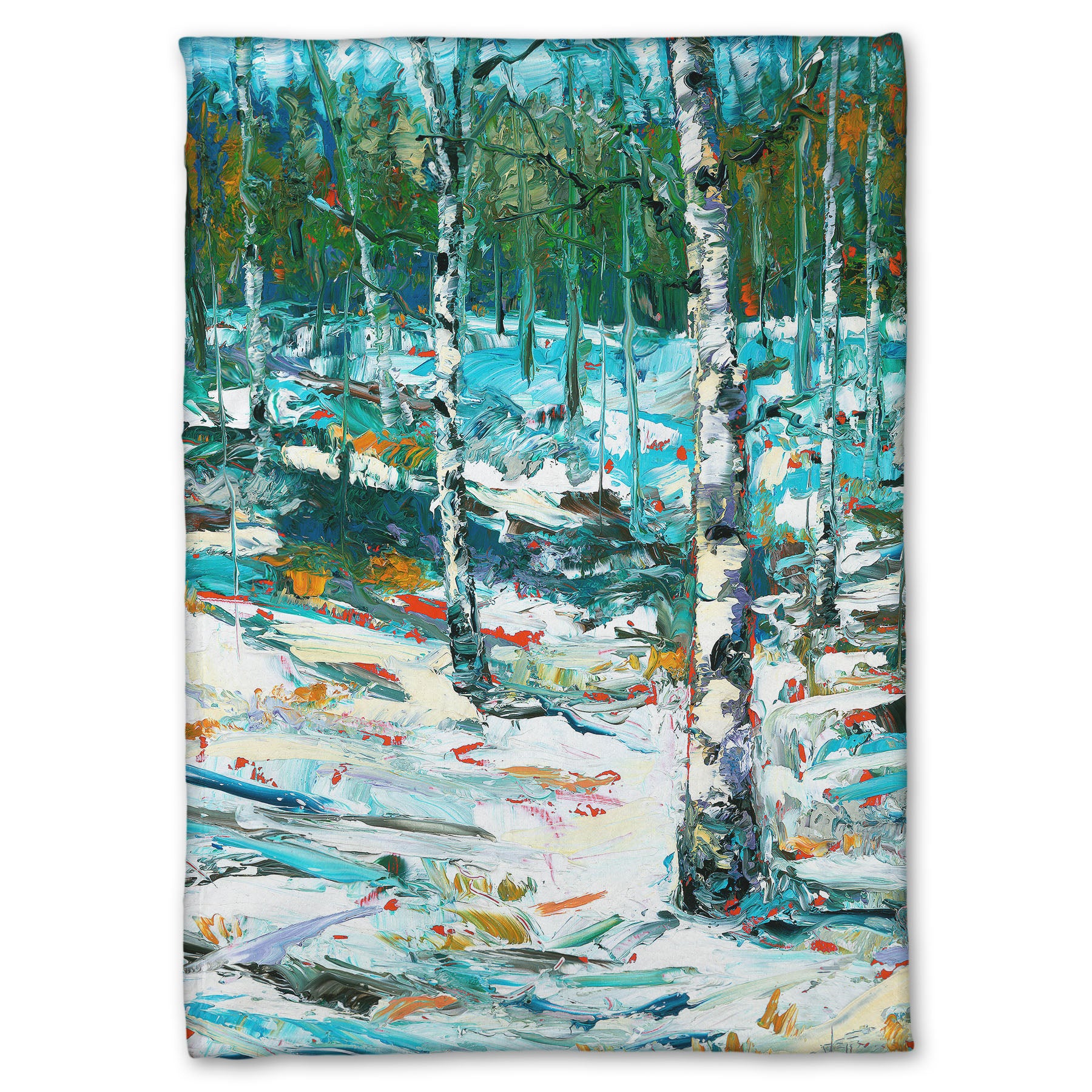 A coral fleece blanket designed with an expressive painting of a snowy birch forest.
