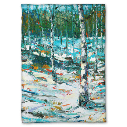 A coral fleece blanket designed with an expressive painting of a snowy birch forest.