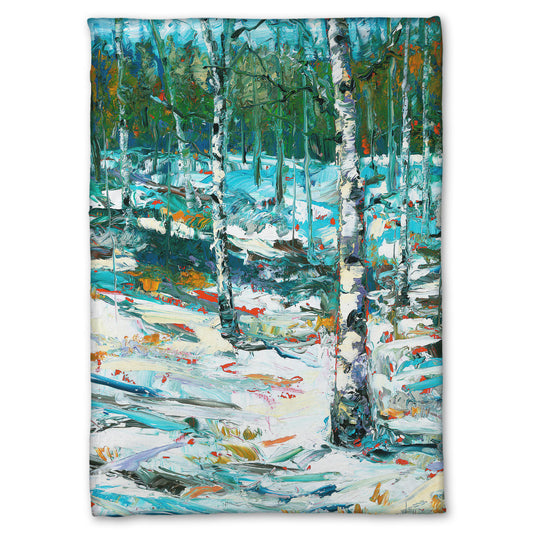 A coral fleece blanket designed with an expressive painting of a snowy birch forest.