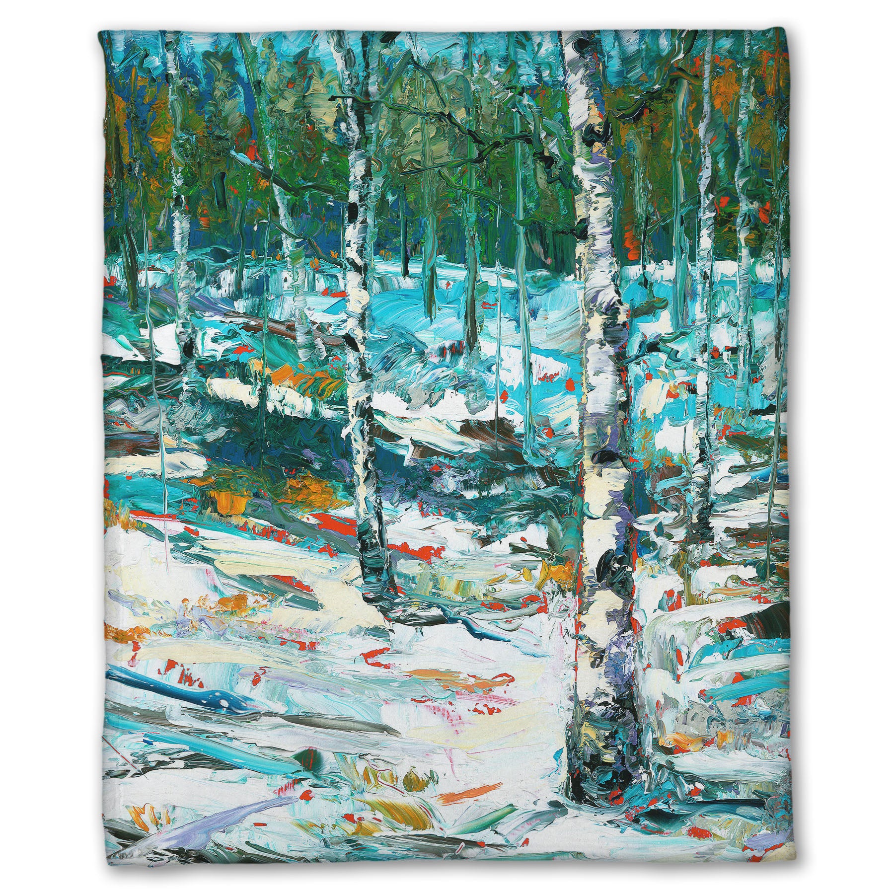 A coral fleece blanket designed with an expressive painting of a snowy birch forest.