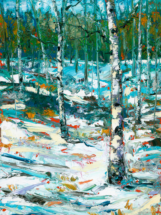 An expressive painting of a snowy birch forest.