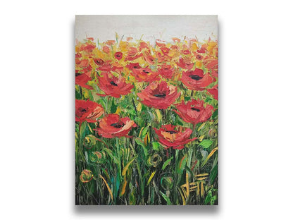 An expressive painting of a field of poppies against a white background. Printed on canvas.