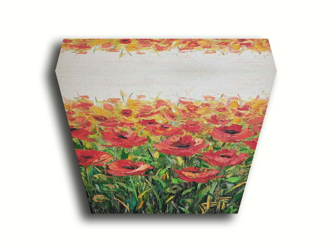 An expressive painting of a field of poppies against a white background. Printed on canvas.