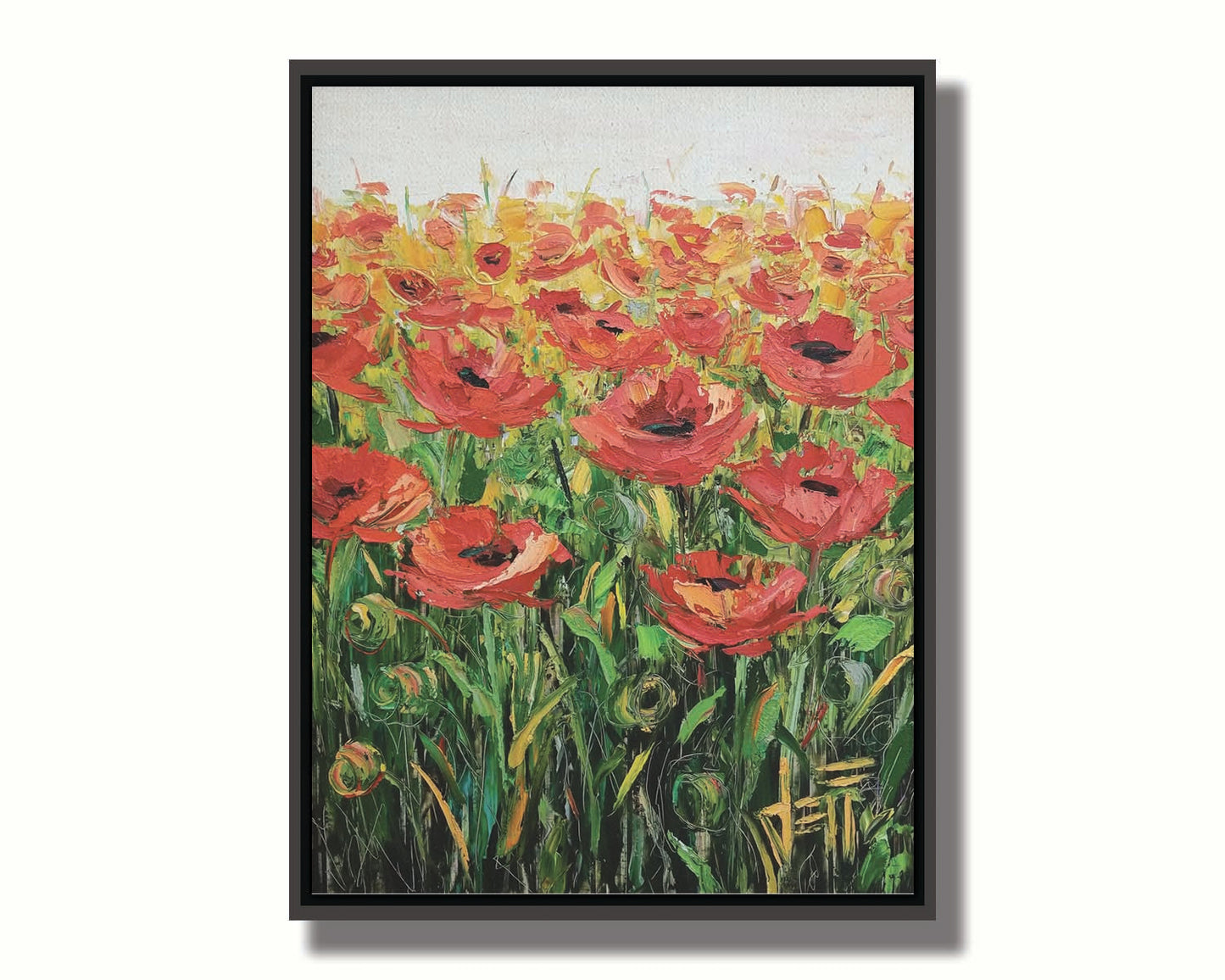 An expressive painting of a field of poppies against a white background. Printed on canvas in a float frame.