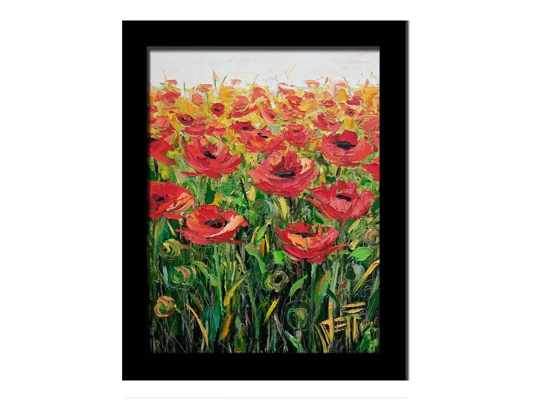 An expressive painting of a field of poppies against a white background. Printed on canvas and framed.