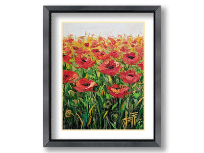 An expressive painting of a field of poppies against a white background. Printed on paper, matted, and framed.