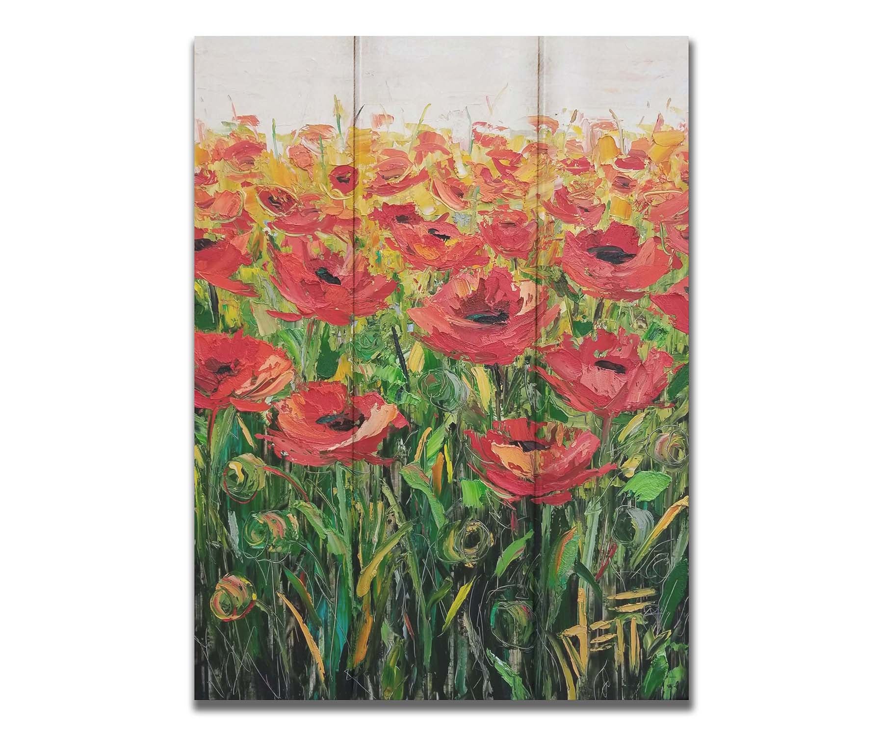 An expressive painting of a field of poppies against a white background. Printed on a box board.