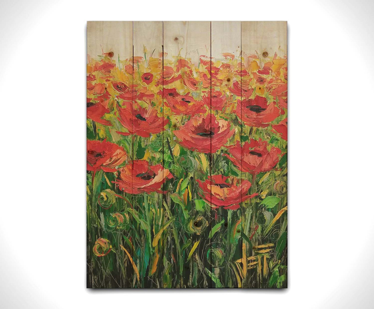 An expressive painting of a field of poppies against a white background. Printed on a wood pallet.