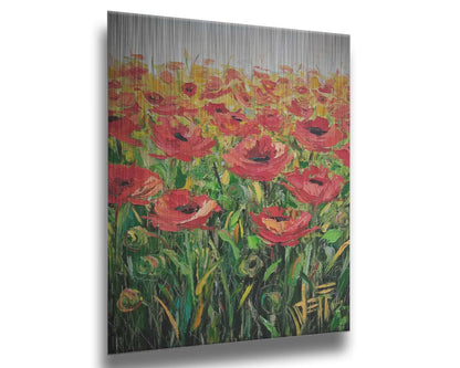 An expressive painting of a field of poppies against a white background. Printed on metal.