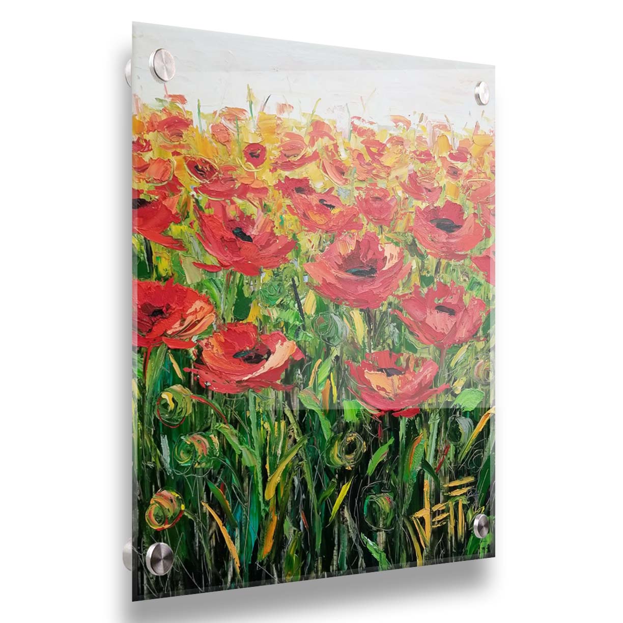 An expressive painting of a field of poppies against a white background. Printed on acrylic.