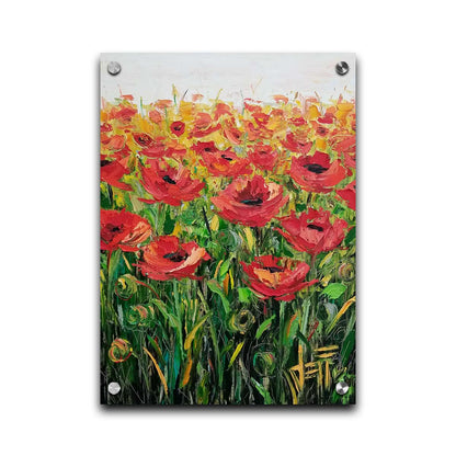 An expressive painting of a field of poppies against a white background. Printed on acrylic.