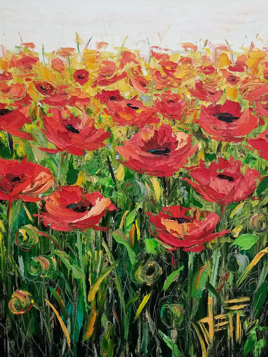 An expressive painting of a field of poppies against a white background. 
